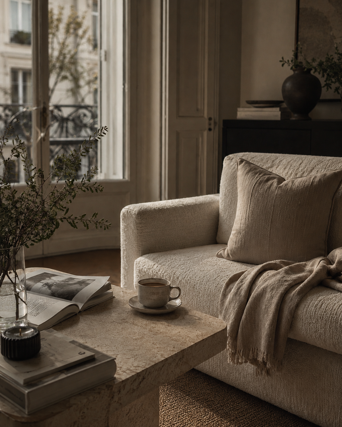 A quiet reading moment in a thoughtfully designed living room