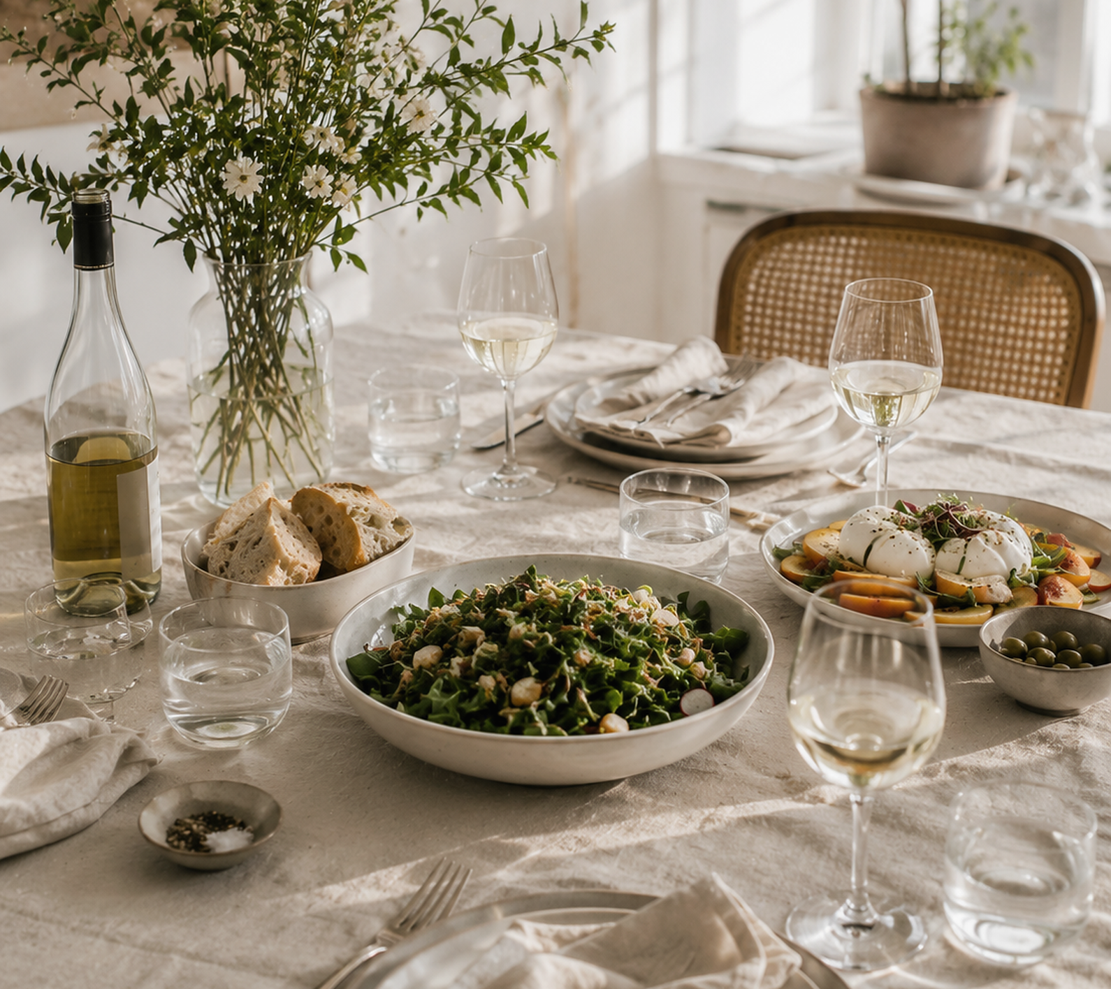 An airy dinner table in natural afternoon light with fresh salad, bread, white wine, cream linen, and delicate greenery