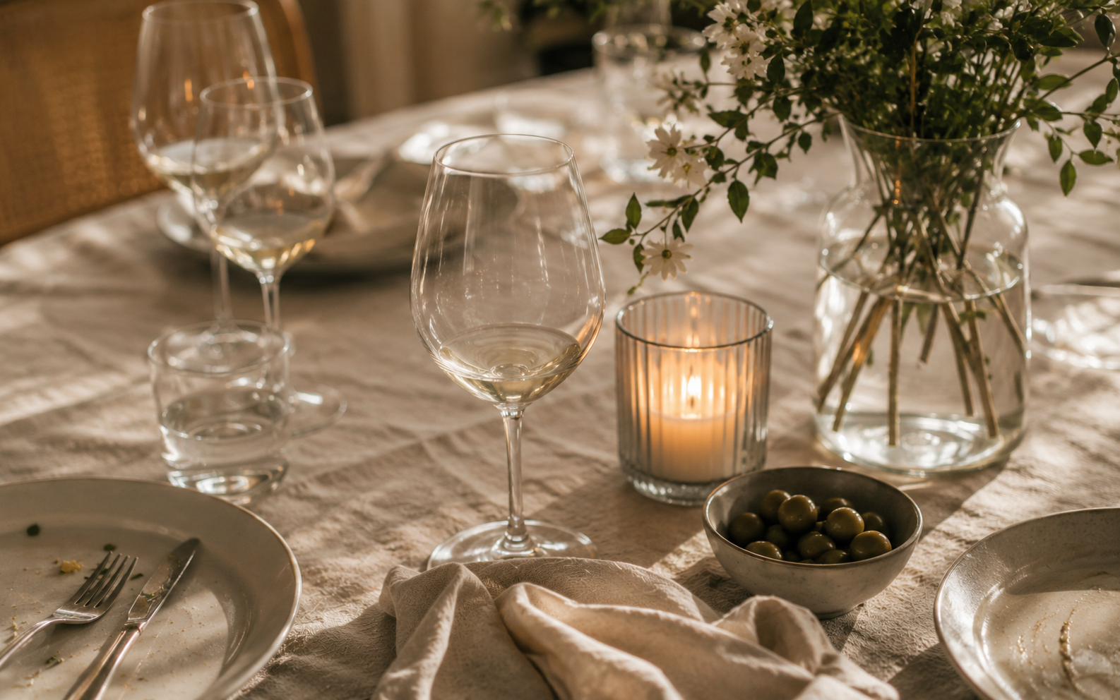 A quiet detail of a dinner table in use with salad, bread, white wine, linen, and candlelight, with guests kept outside the frame.