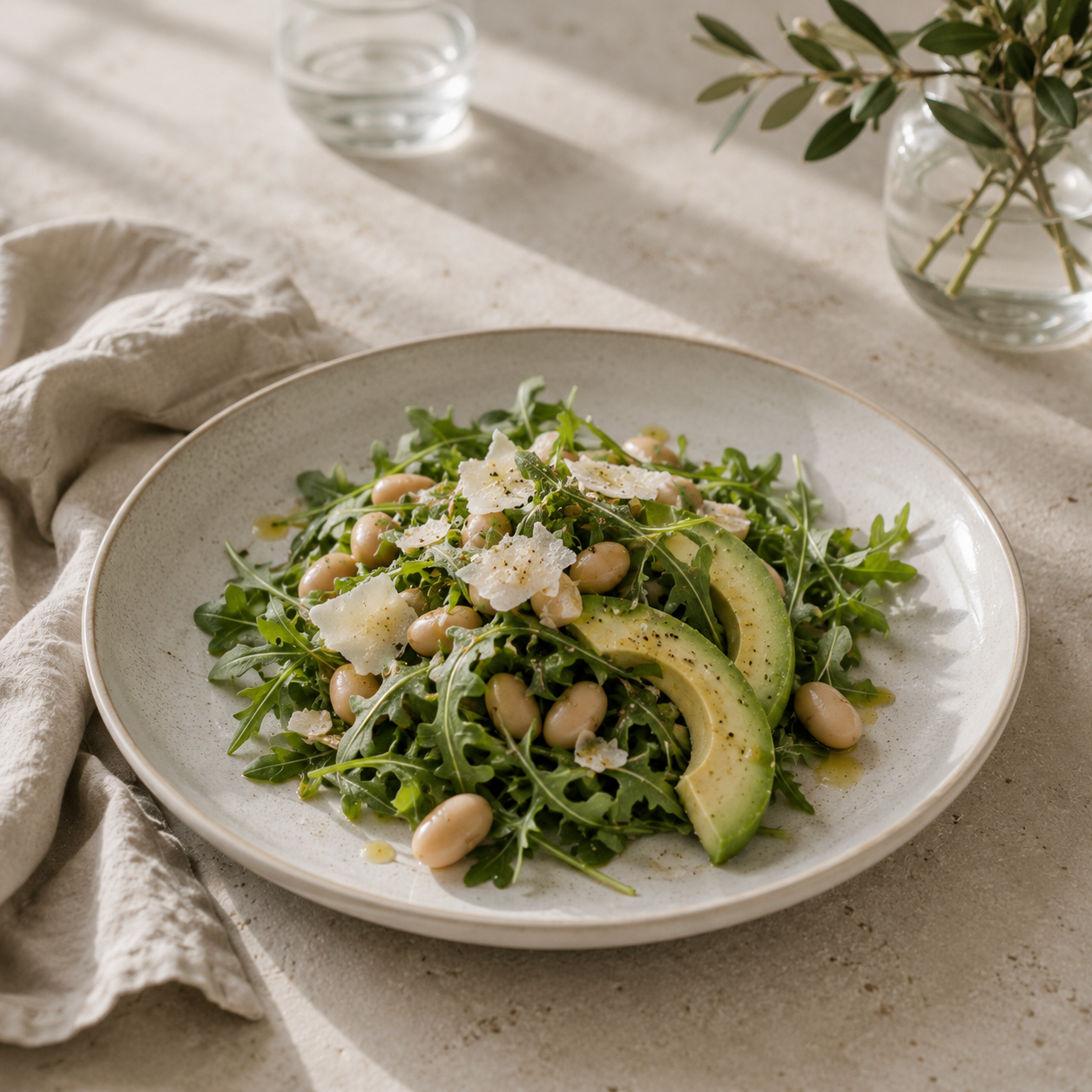 A simplified dinner with one light pasta dish, a salad in the background, and ample clear space around the place setting.