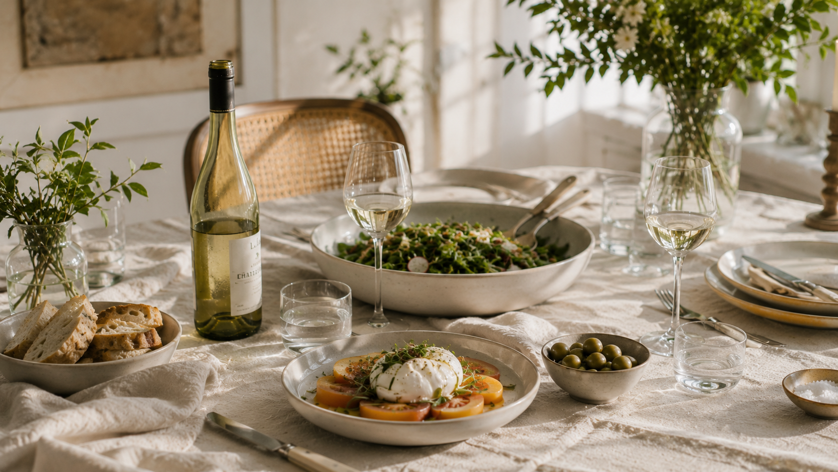 Burrata with figs and stone fruit beside bread and olives on a softly lit table.