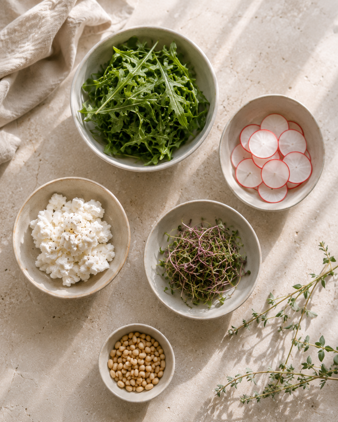 A fresh greens salad with figs, pistachios, and shaved cheese in a large ceramic bowl.