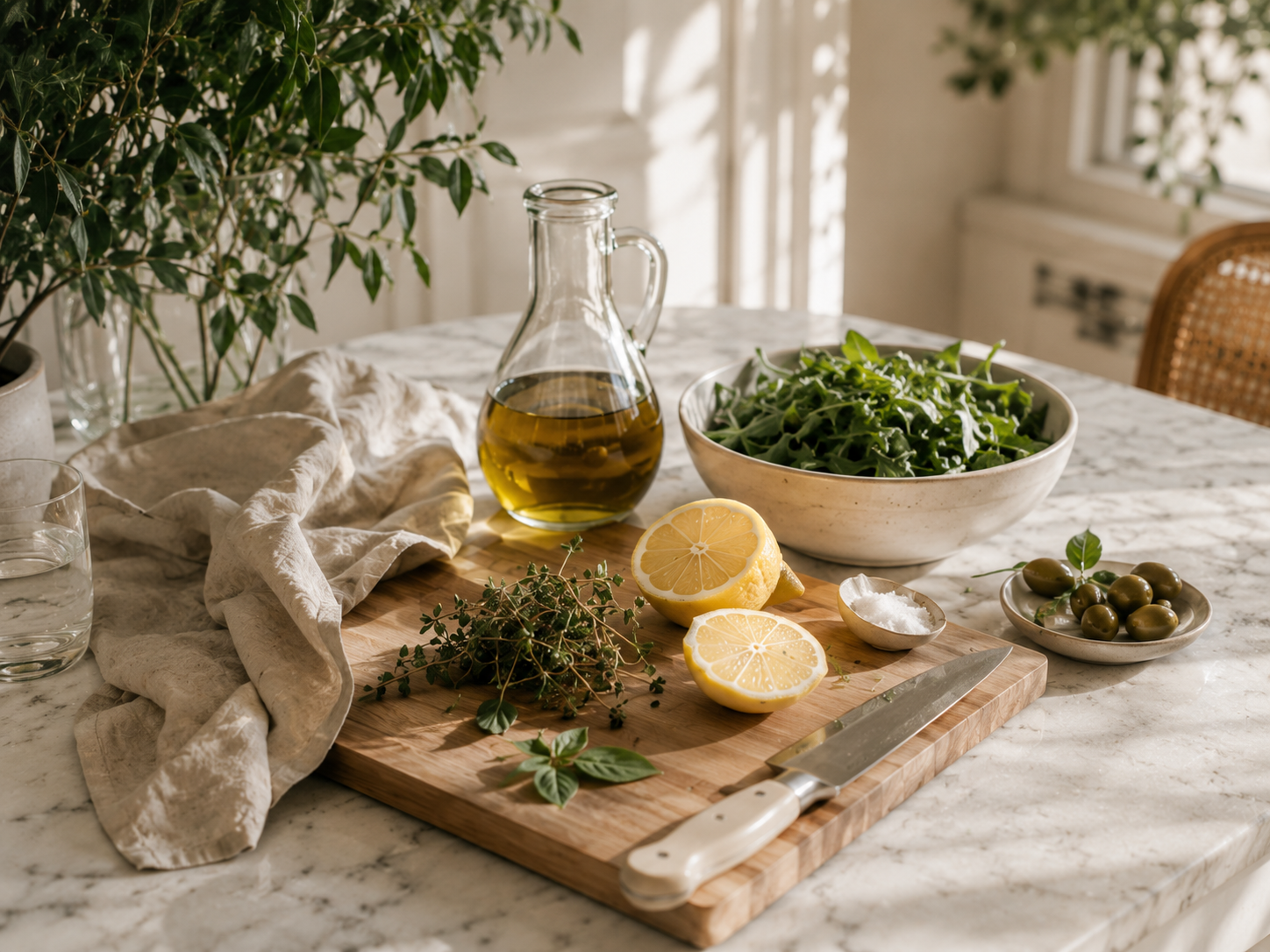 Fresh lemons, herbs, tomatoes, olive oil, and a glass of wine arranged on a kitchen counter during relaxed afternoon preparation.