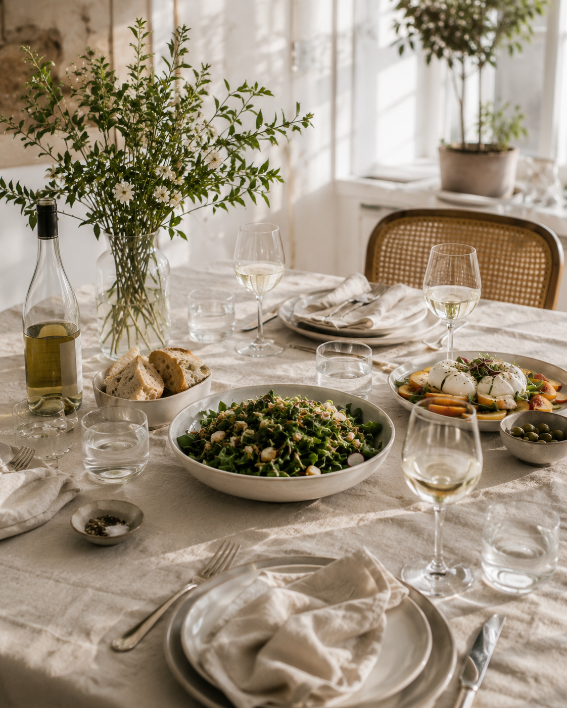 An airy apartment dining table set in late-afternoon light with a fresh salad, simple linen, clear glassware, and delicate greenery.