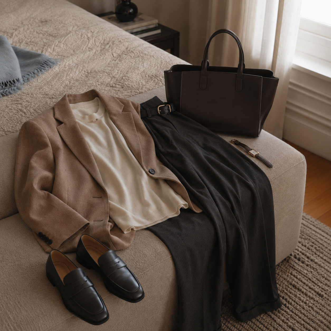 The same knit and trousers styled with a relaxed blazer, structured shoe, and deliberate accessory.