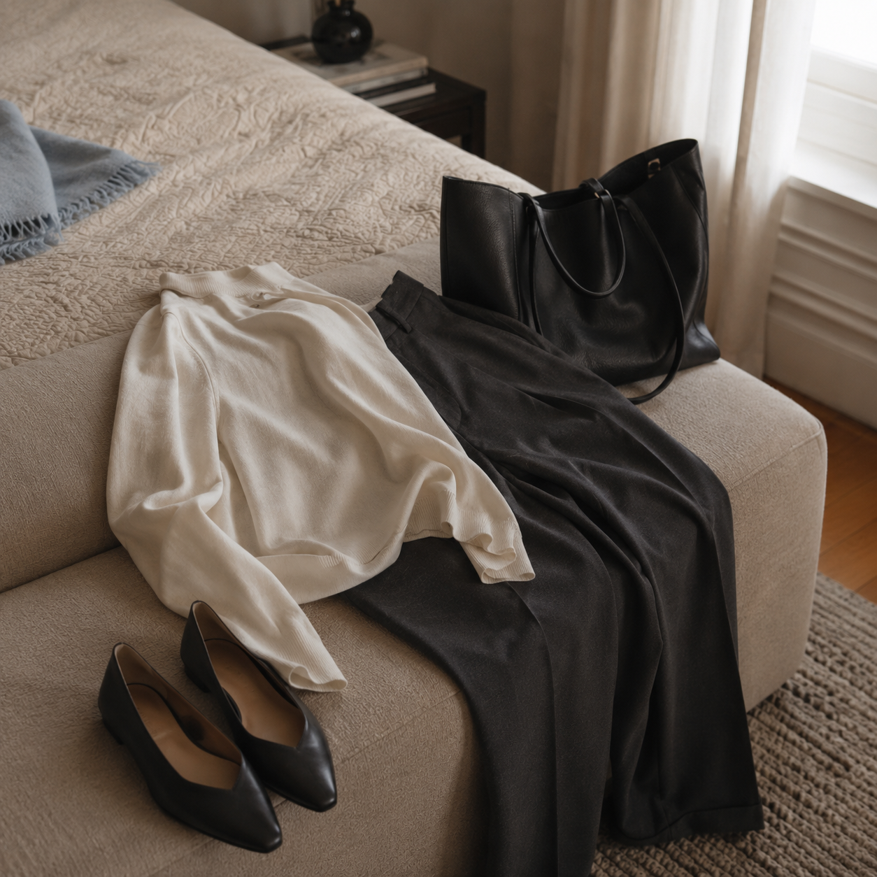 A modern knit, trousers, everyday flats, and soft tote arranged as an ordinary work outfit.
