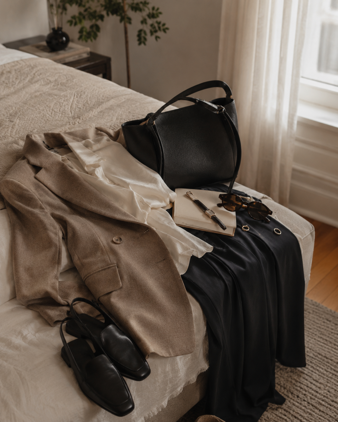 A neutral blazer, white blouse, dark trousers, loafers, structured bag, notebook, watch, and sunglasses arranged in a softly lit bedroom.