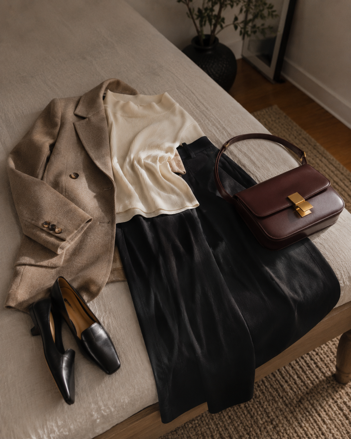 A refined top and fluid trousers with a polished flat and deliberate accessory for a presentation or external event.