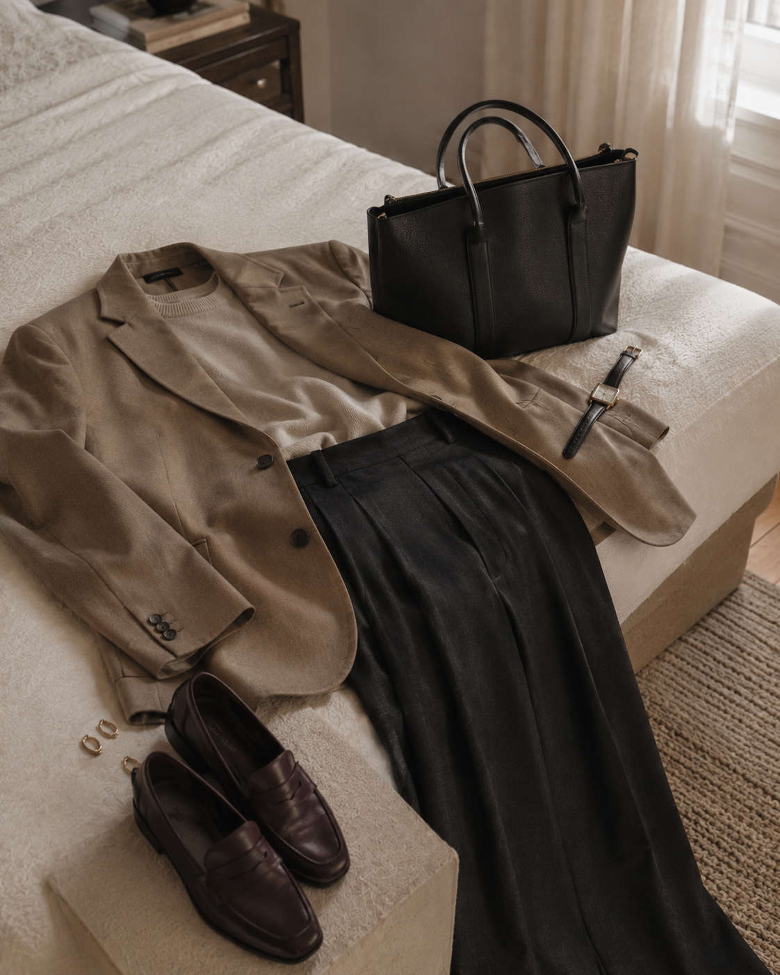 The same knit and trousers styled with a relaxed blazer, polished shoe, and structured bag.