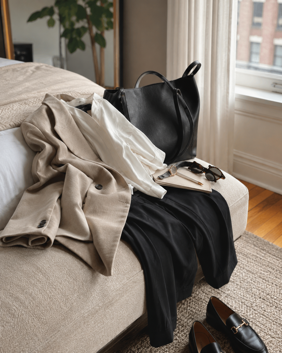 A neutral blazer, blouse, trousers, bag, and loafers arranged in a softly lit bedroom